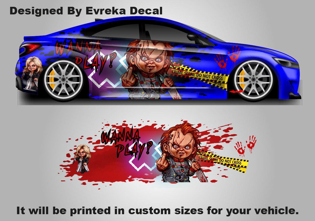 Chucky Car Stickers, Halloween, Wanna Play? Horror Movie Character Car Decor, Scary Movie - Evreka Decal