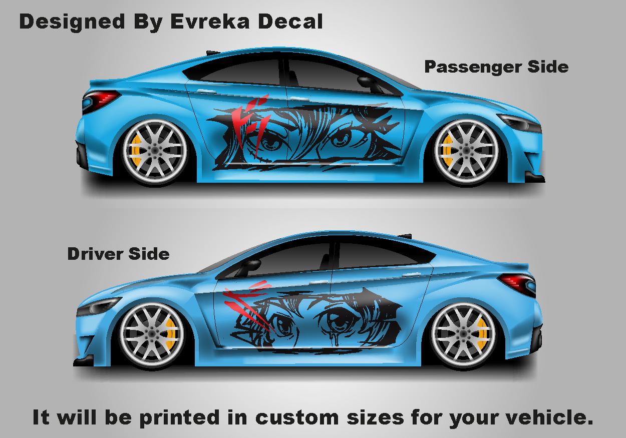Anime Girl Car Side Wrap, Cartoon Drawing Graphics, Vinyl Livery Decal fit any car, Universal Size, Car Wrap - Evreka Decal