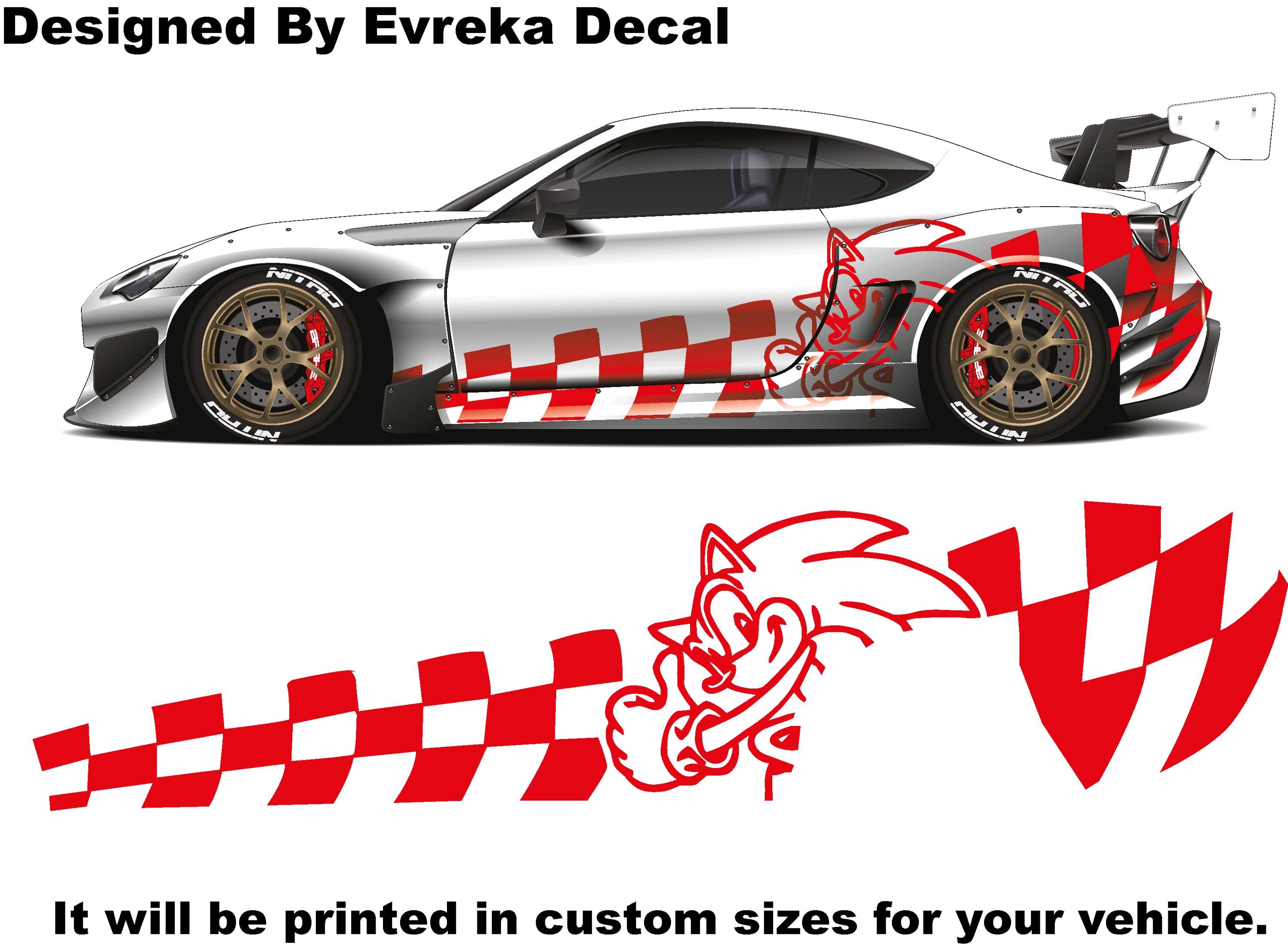 2x Sonic Car Side Rear Fender Top Decal. Sonic Side Car Sticker. Racing Flag Decal. Mustang- Charger-Challenger-Porsche-Ford - Evreka Decal