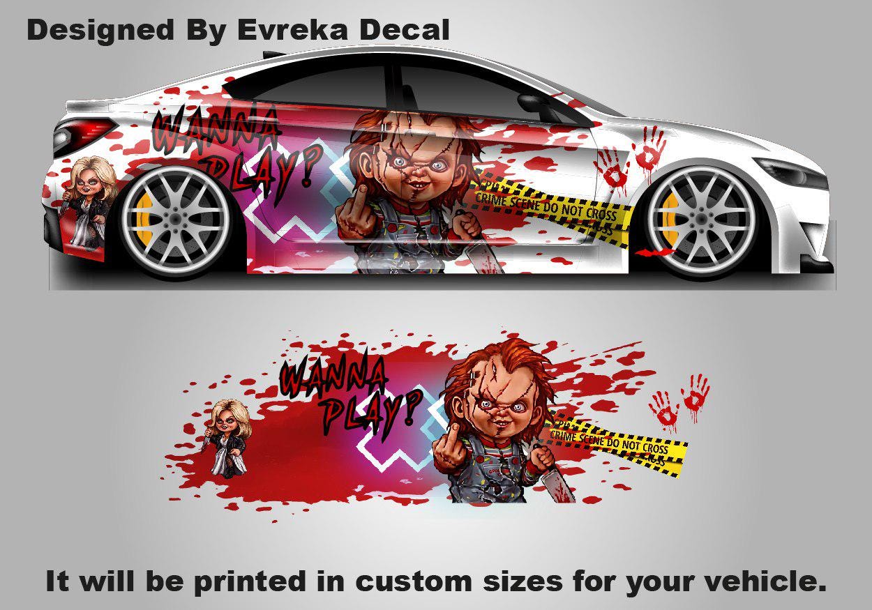 Chucky Car Stickers, Halloween, Wanna Play? Horror Movie Character Car Decor, Scary Movie - Evreka Decal